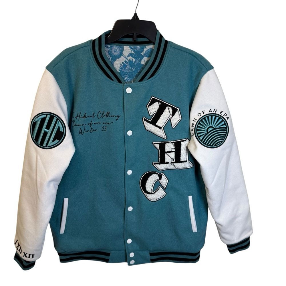 NWT Teal & White Reversible Varsity Jacket by The Hideout Clothing Size Large